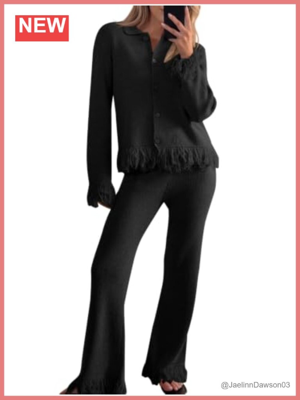 Fringe Button Up Sweater Set 2 Piece Knit Cardigan & Flare Pants Vacation